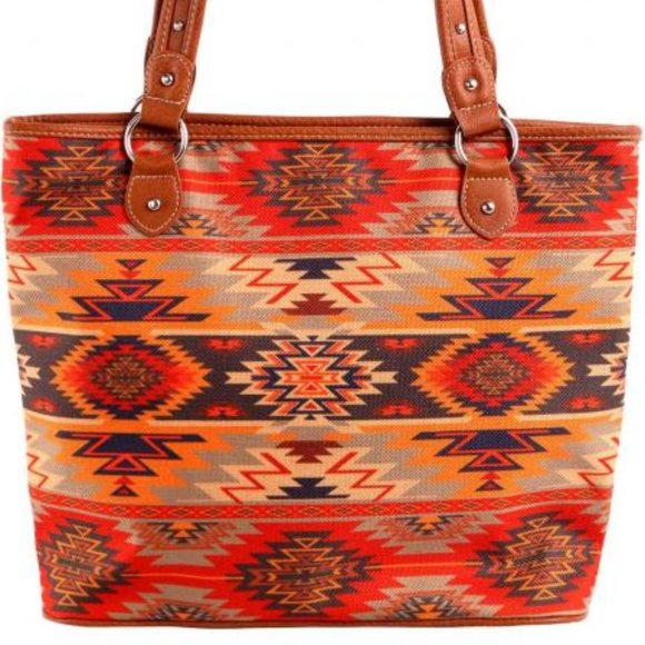 Leather Trim Aztec Design Canvas Tote Bag - Picture 5 of 5